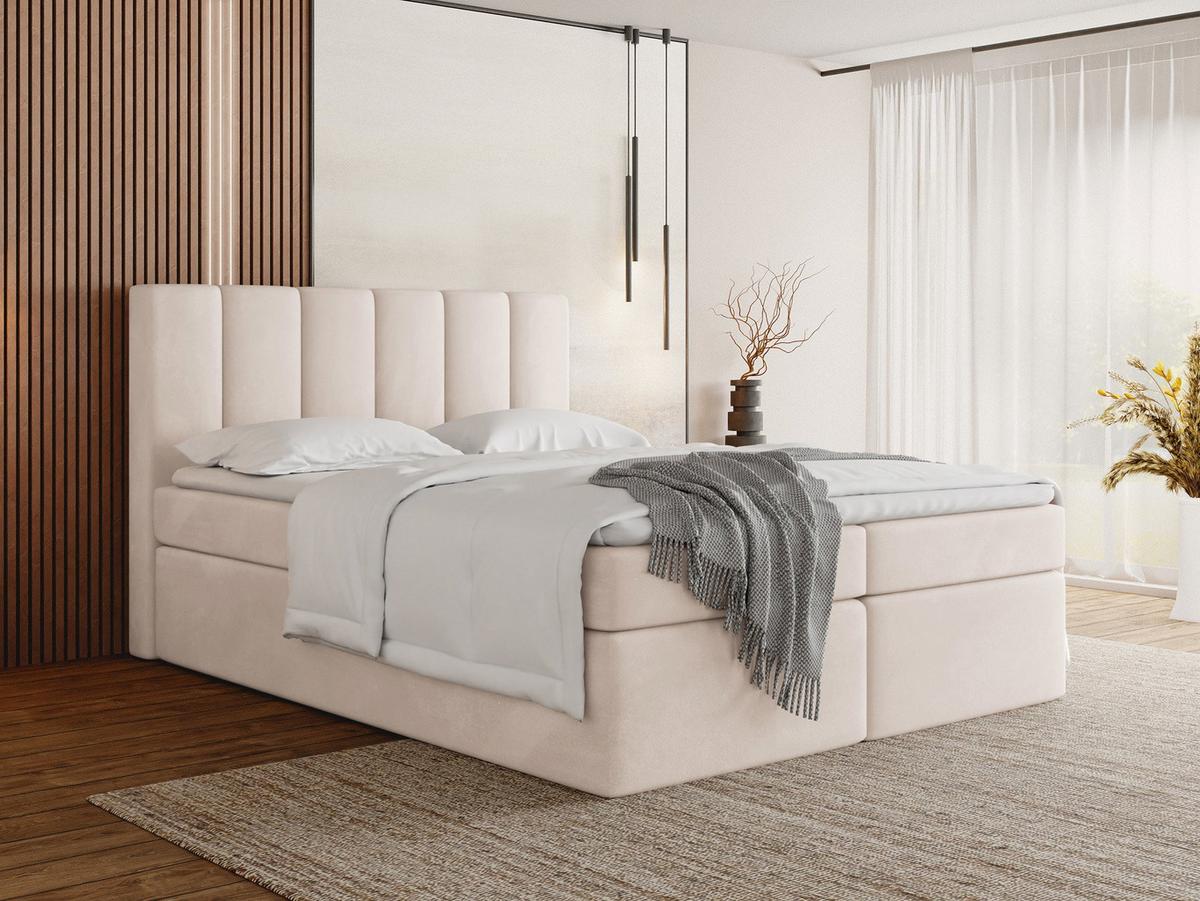 BOXBETT Amira mit Bettkasten, Samt Beige 180/200 cm – 7-Zonen Taschenfederkern-Matratze & Komfortschaum-Topper - Ecru/Beige, Holz/Holzwerkstoff (180/200cm) - WFL GROUP