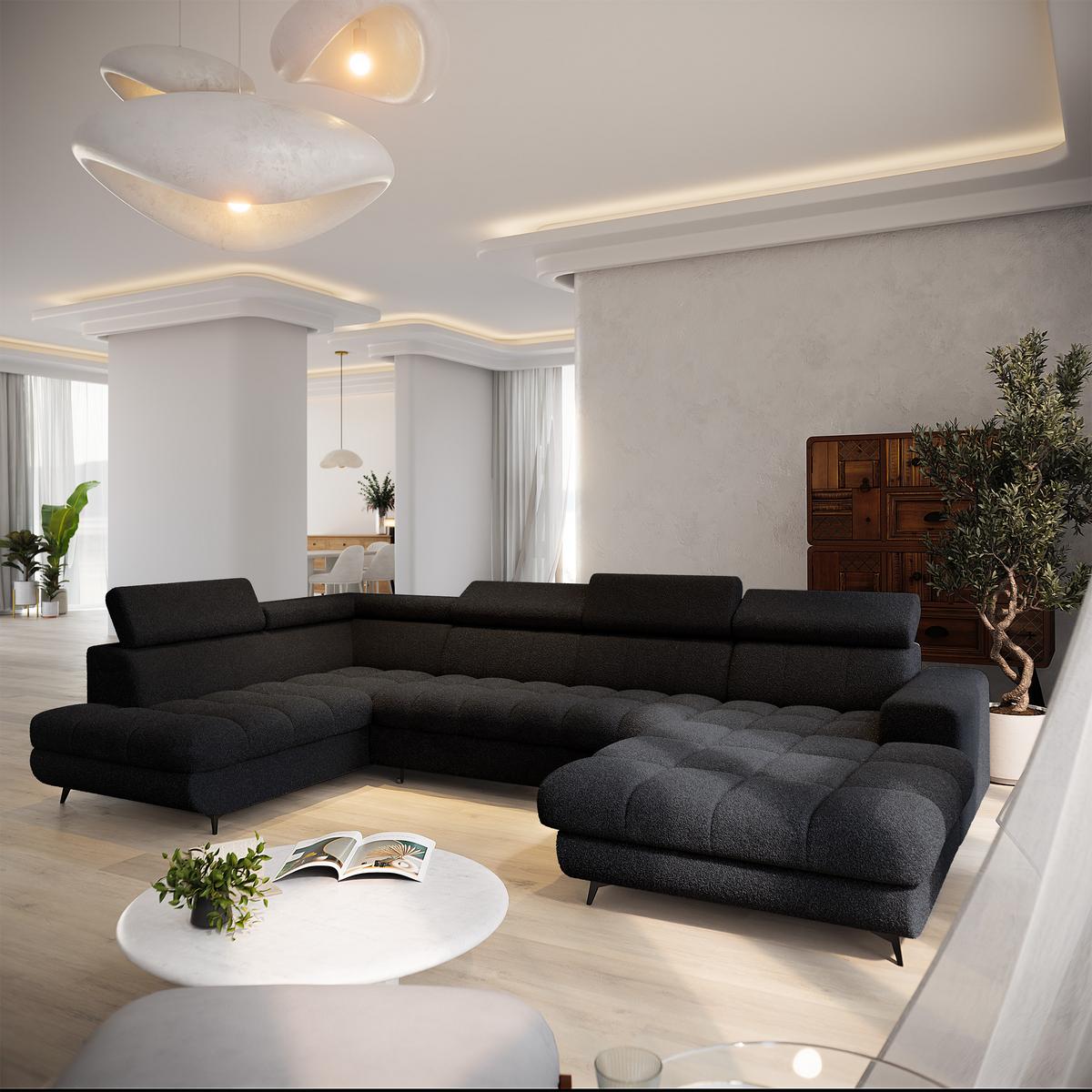 WOHNLANDSCHAFT CORENO Schwarz Boucle-Stoff mit Schlaffunktion - Schwarz, Holz (345/88/190cm) - MASSENO