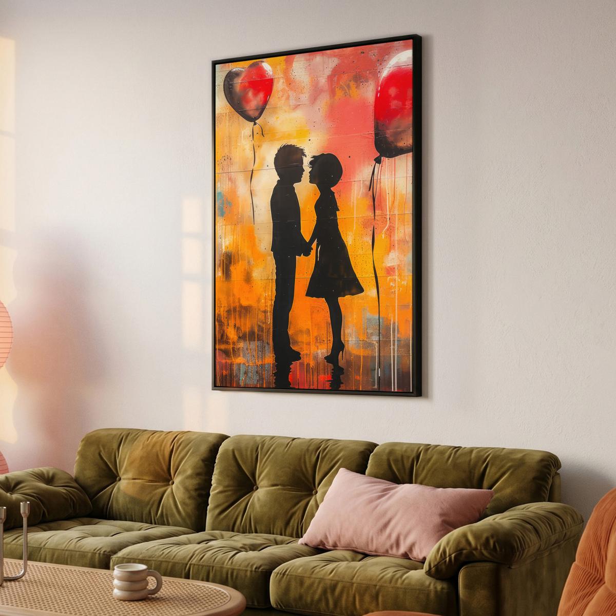LEINWAND Bilder mit Rahmen - Straßenkunst - Liebe - Graffiti - Kunst - Banksy - 100x150 - Orange, Textil (100/150cm) - MuchoWow