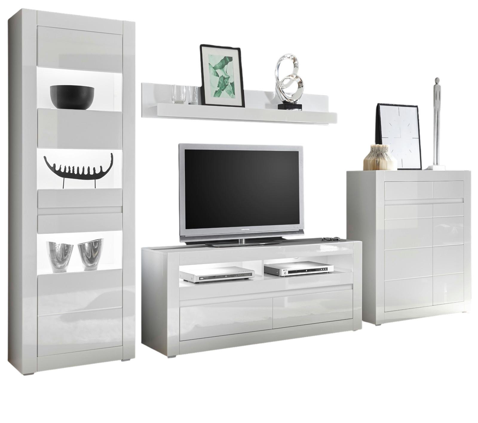WOHNWAND weiß Hochglanz, Stone Design grau 4-teilig, Schrankwand mit Soft-Close - Weiß Hochglanz/Weiß, Glas/Holzwerkstoff (336/198/42cm) - Furn.Design