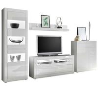WOHNWAND weiß Hochglanz, Stone Design grau 4-teilig, Schrankwand mit Soft-Close - Weiß Hochglanz/Weiß, Glas/Holzwerkstoff (336/198/42cm) - Furn.Design