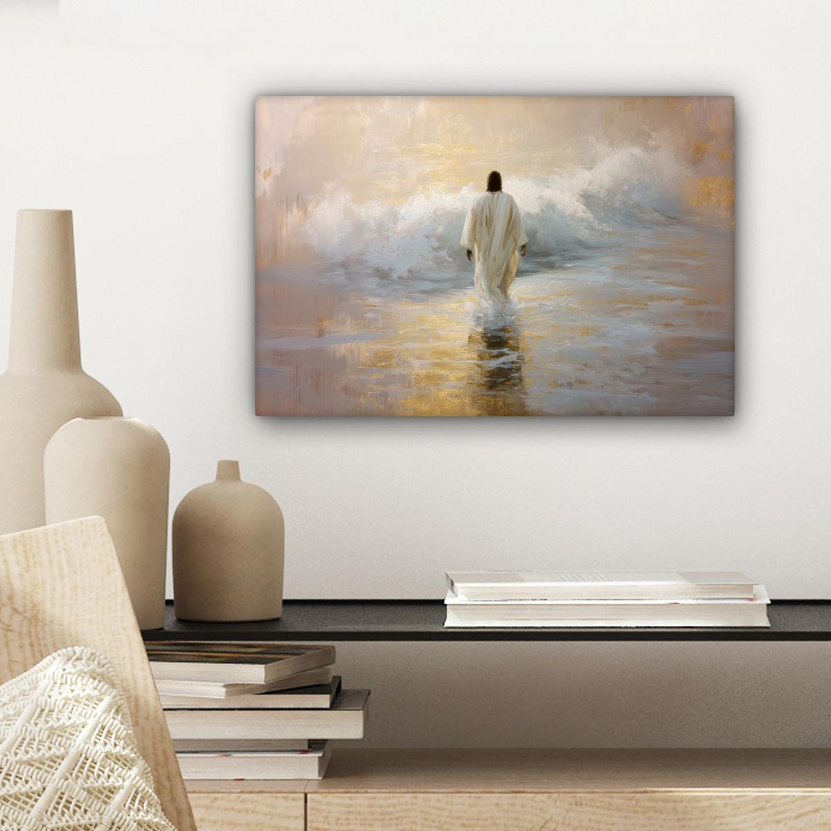 LEINWANDBILD Gemälde - Welle - Jesus - Abstrakt Deko Schlafzimmer 30x20 cm - Goldfarben, Textil (30/20cm) - MuchoWow
