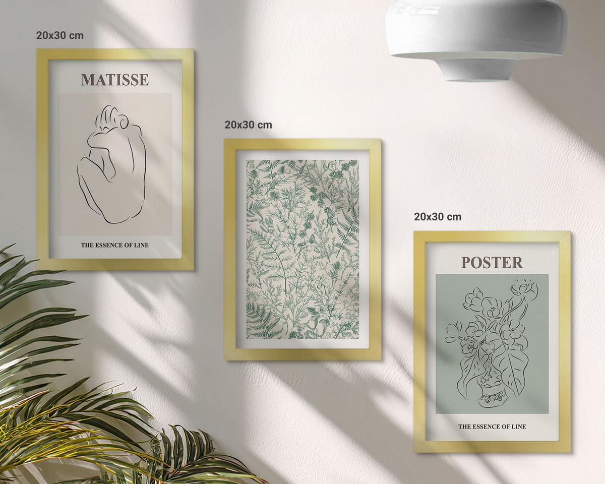 BILDER SET 3er Set - 20x30 cm Goldrahmen - Linien, Pflanzenmuster, Minimalismus - Goldfarben, Kunststoff (20/30cm) - TULUP