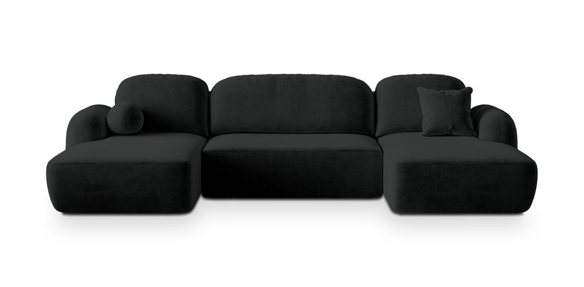 WOHNLANDSCHAFT SAVONA K Schwarz Plüsch-Stoff mit Schlaffunktion - Schwarz, Holz/Kunststoff (320/90/148cm) - MASSENO