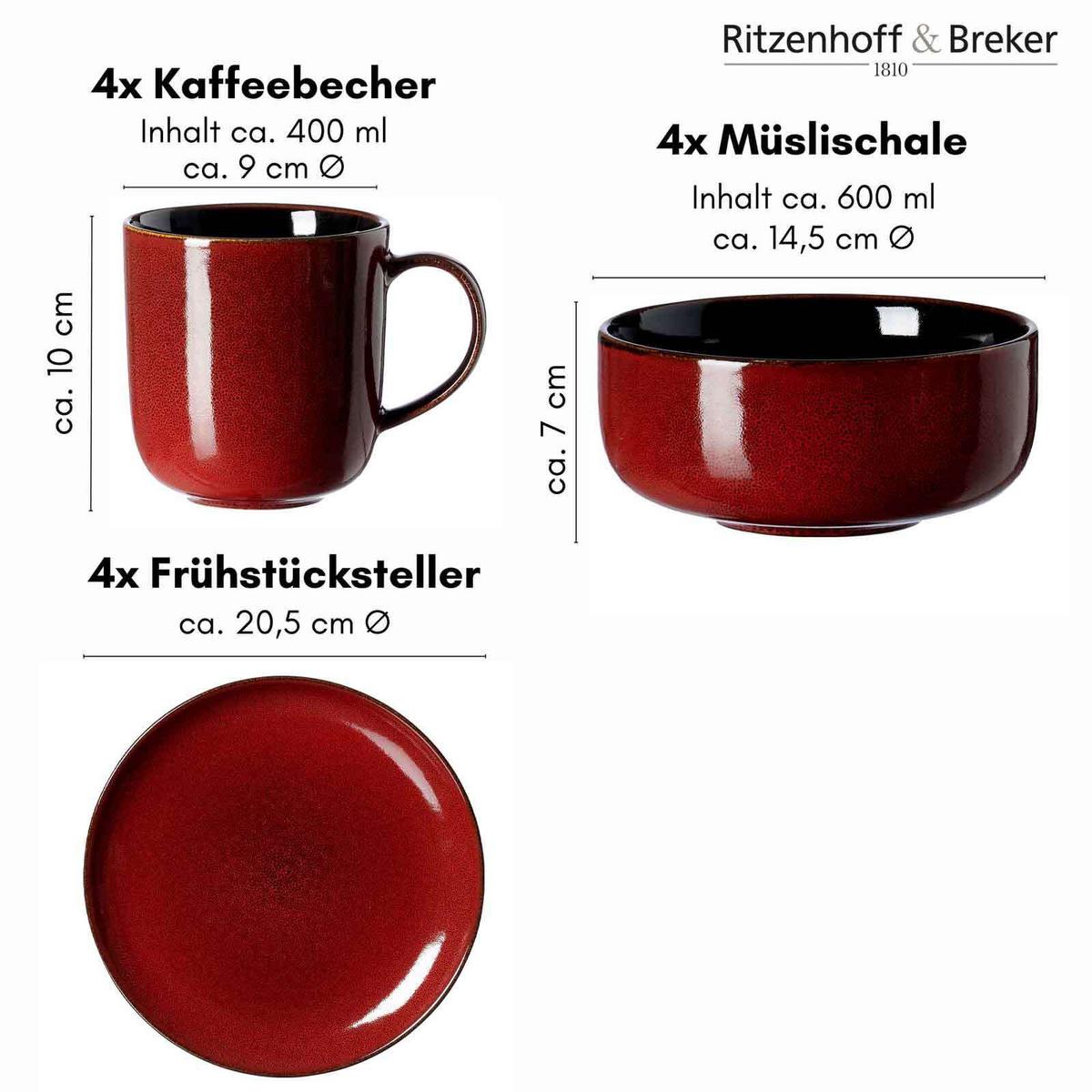 FRÜHSTÜCKS-SET Gambia rot 12-tlg. - Rot, Keramik (2/2/2cm) - Ritzenhoff Breker