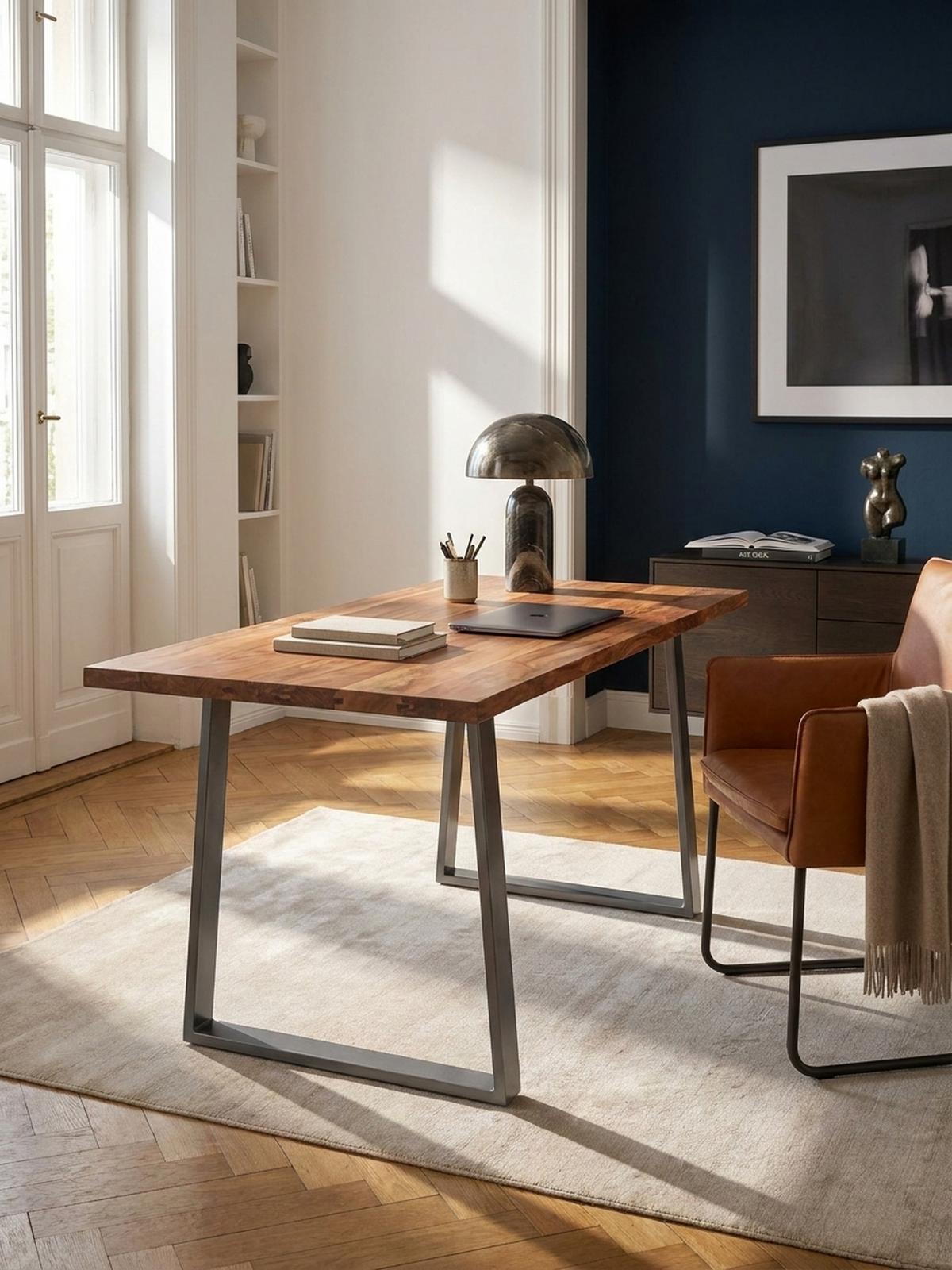 SCHREIBTISCH Massivholz Baumkante Chromgestell Handarbeit TARN, Goldbraun-Chrom 180x90x76 cm - Chromfarben/Braun, Holz/Metall (90/180/76cm) - KADIMA DESIGN