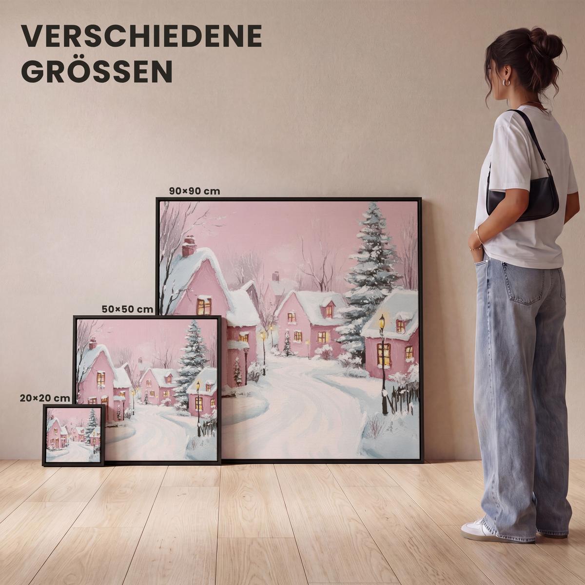 LEINWAND Bilder mit Rahmen - Weihnachtsdorf - Rosa - Winter - Schnee - Häuser - 90x90 - Altrosa, Textil (90/90cm) - MuchoWow