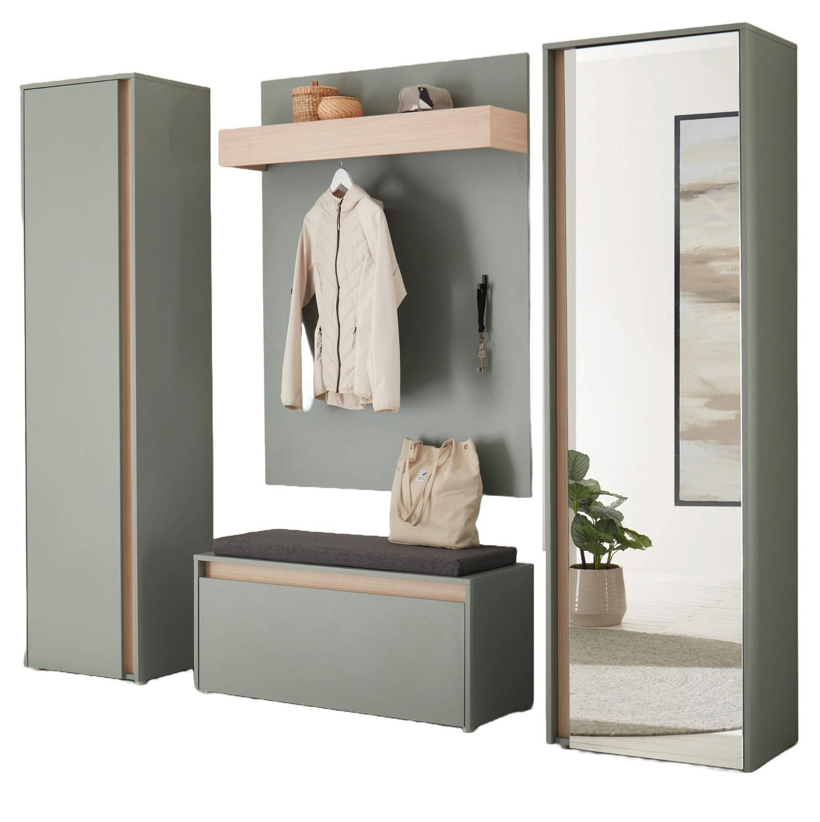 GARDEROBE Komplett-Set 5-teilig in Salbei Grün mit Eiche, Flurgarderobe 230 x 200 cm, inkl. Sitzkissen - Salbeigrün/Eichefarben, Glas/Holz (230/200/40cm) - Furn.Design