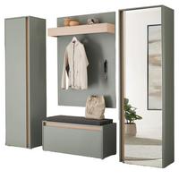 GARDEROBE Komplett-Set 5-teilig in Salbei Grün mit Eiche, Flurgarderobe 230 x 200 cm, inkl. Sitzkissen - Salbeigrün/Eichefarben, Glas/Holz (230/200/40cm) - Furn.Design