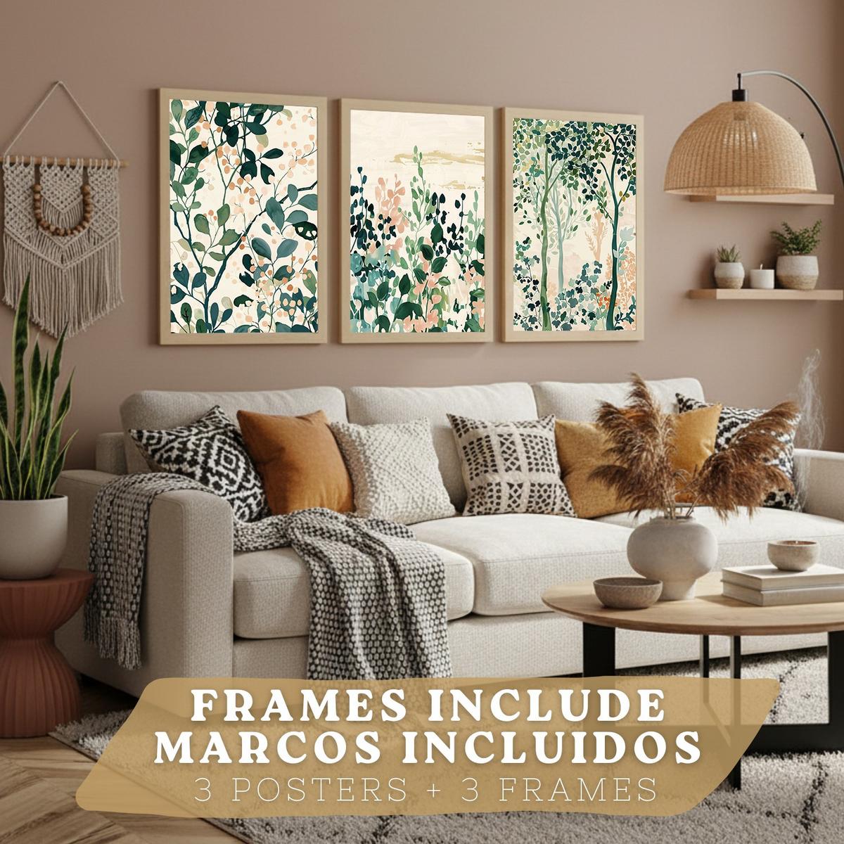 POSTER 3er-Set Wandbilder Floral Bäume modern Wohnzimmer Deko, Schlafzimmer, Küche, Badezimmer Leichter Holzrahmen A3 - Beige, Papier (29.7/1/42cm) - Nacnic