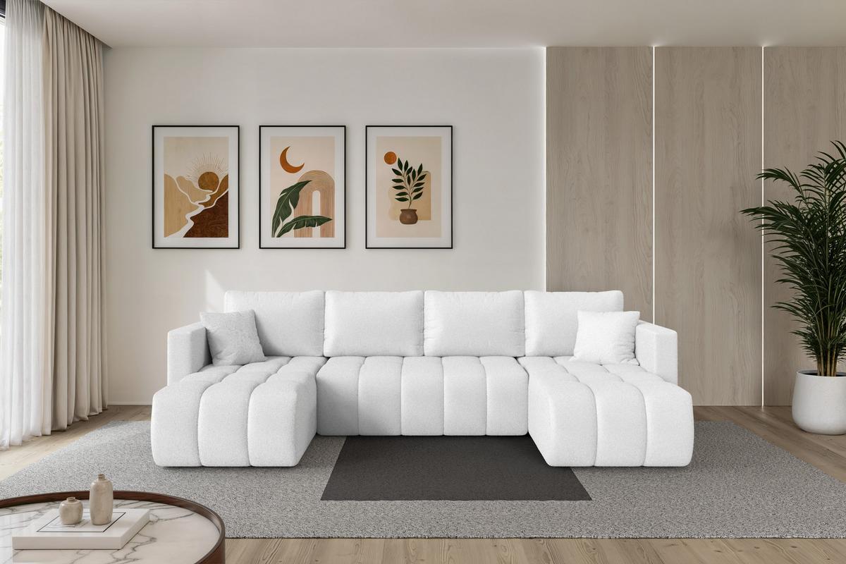WOHNLANDSCHAFT mit Schlaffunktion und Bettkasten GARD-U 300x146x85 Weiß Bouclé - Schwarz/Weiß, Holzwerkstoff/Kunststoff (300/85/146cm) - ALTDECOR