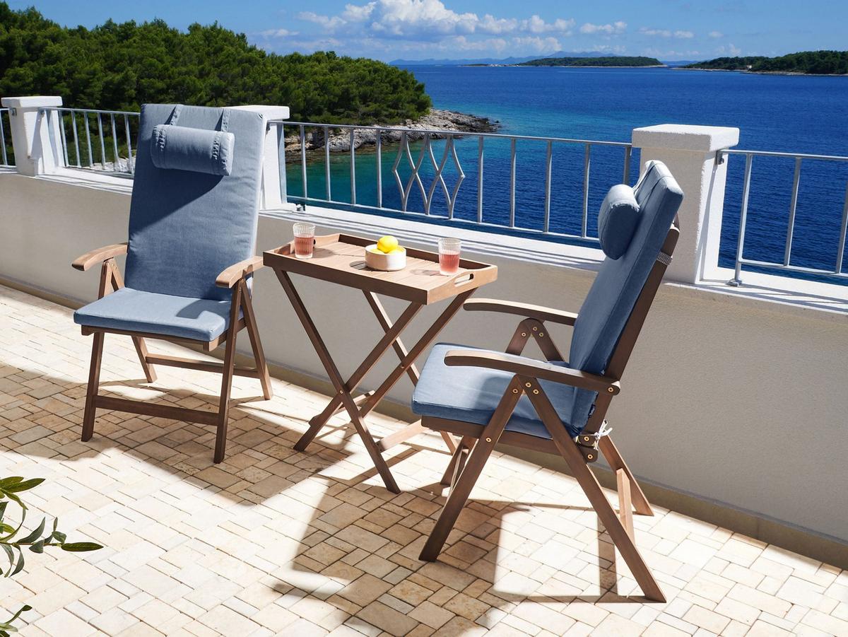 GARTENSTUHL 2er-Set und Sitzkissen Akazienholz Blau Amantea Premium - Dunkelbraun, Holz (54/105/69cm) - Beliani