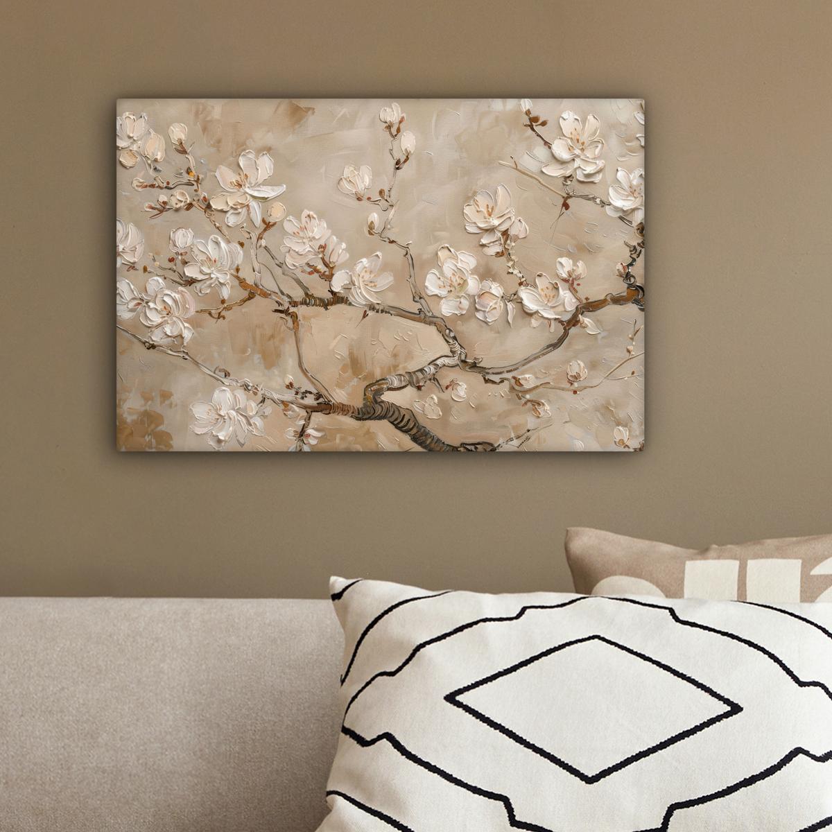 LEINWANDBILD Blumen - Modern - Beige - Weiß - Blüte Deko Schlafzimmer 30x20 cm - Beige, Textil (30/20cm) - MuchoWow