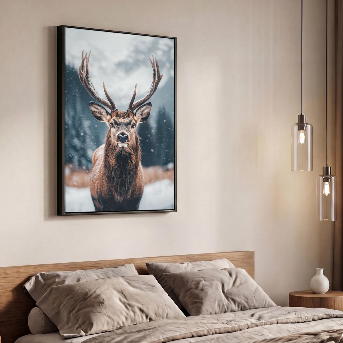 LEINWAND Bilder mit Rahmen - Hirsche - Tiere - Landschaft - Winter - Schnee - 70x100 - Kastanienfarben, Textil (70/100cm) - MuchoWow