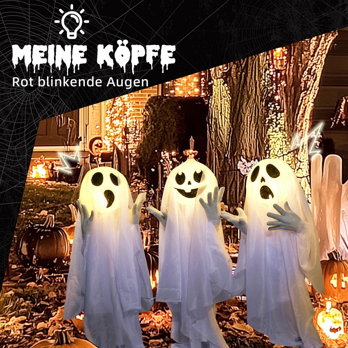 3ER-SET Halloween Dekoration Halloween-Geister-Hofpfählen mit LED-Lichter - Weiß, Kunststoff (10/60/54cm) - HOMCOM