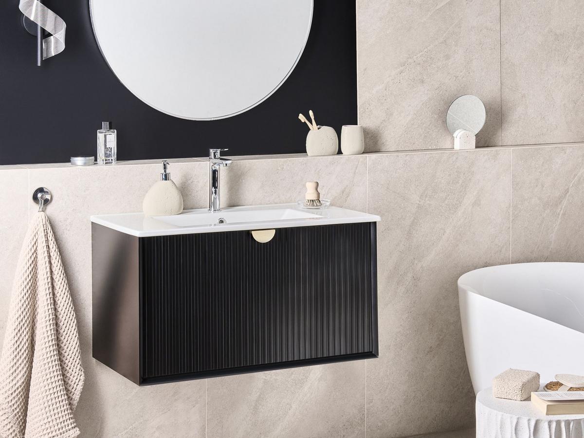 WASCHBECKENUNTERSCHRANK wandmontiertk mit Waschbecken Schwarz Bonaire - Schwarz, Holzwerkstoff (80/43/93cm) - Beliani