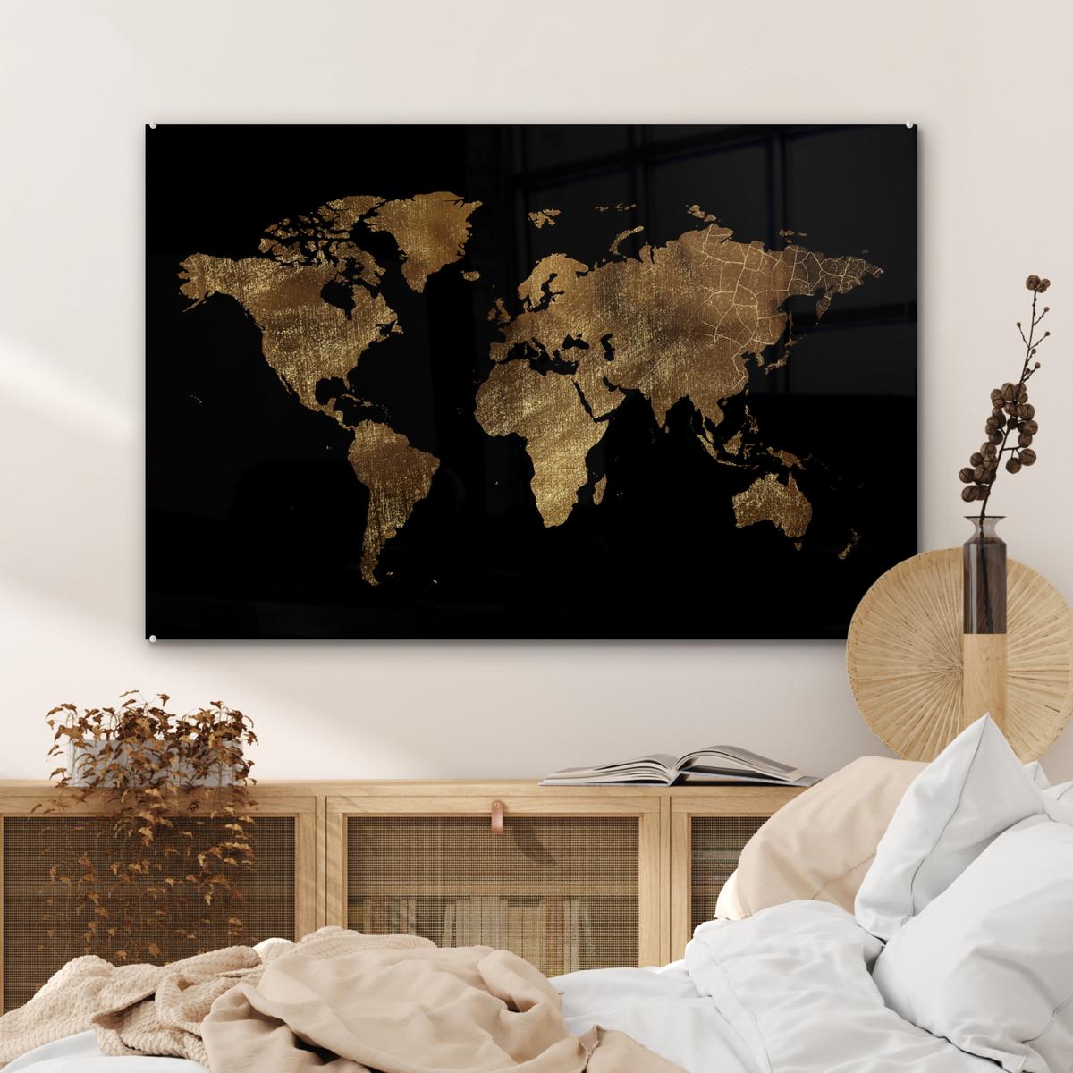 ACRYLGLASBILD Weltkarte - Gold - Luxus - Erde - Schwarz Room Decor 90x60 cm - Goldfarben, Glas (90/60cm) - MuchoWow