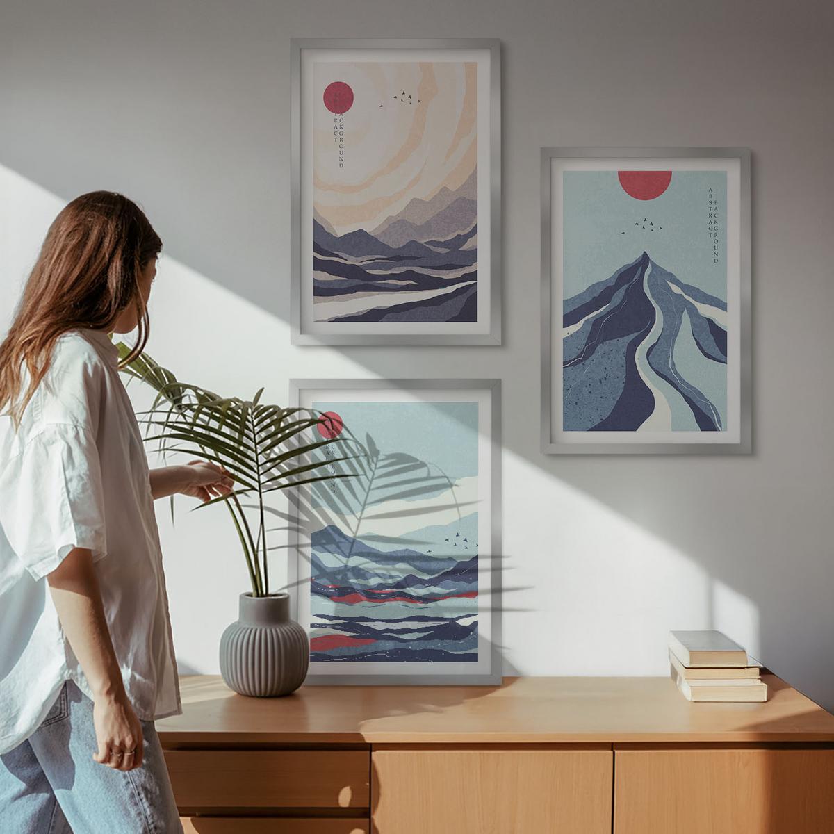 BILDER SET 3er Set - 40x60 cm Silberner Rahmen - Abstrakte japanische Berge - Silberfarben, Kunststoff (40/60cm) - TULUP