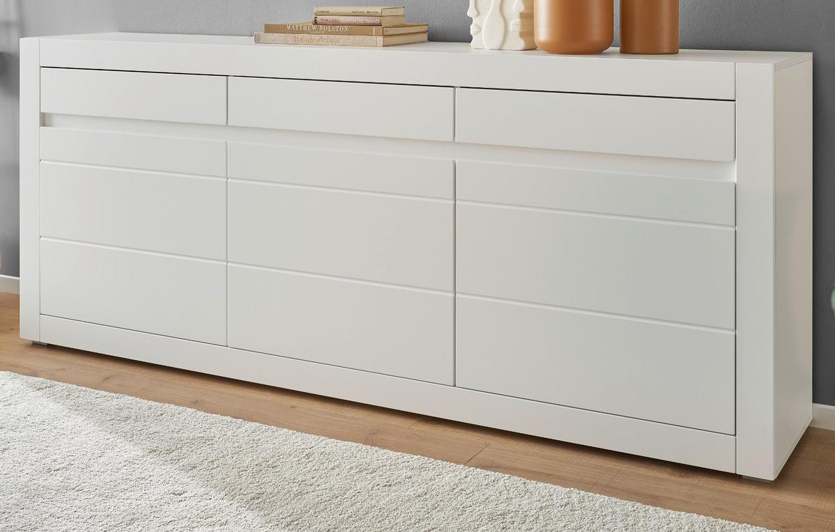 SIDEBOARD weiß matt, Evoke Eiche, Kommode 217 x 90 cm, Soft-Close-Funktion - Eichefarben/Silberfarben, Holzwerkstoff/Kunststoff (217/90/42cm) - Furn.Design