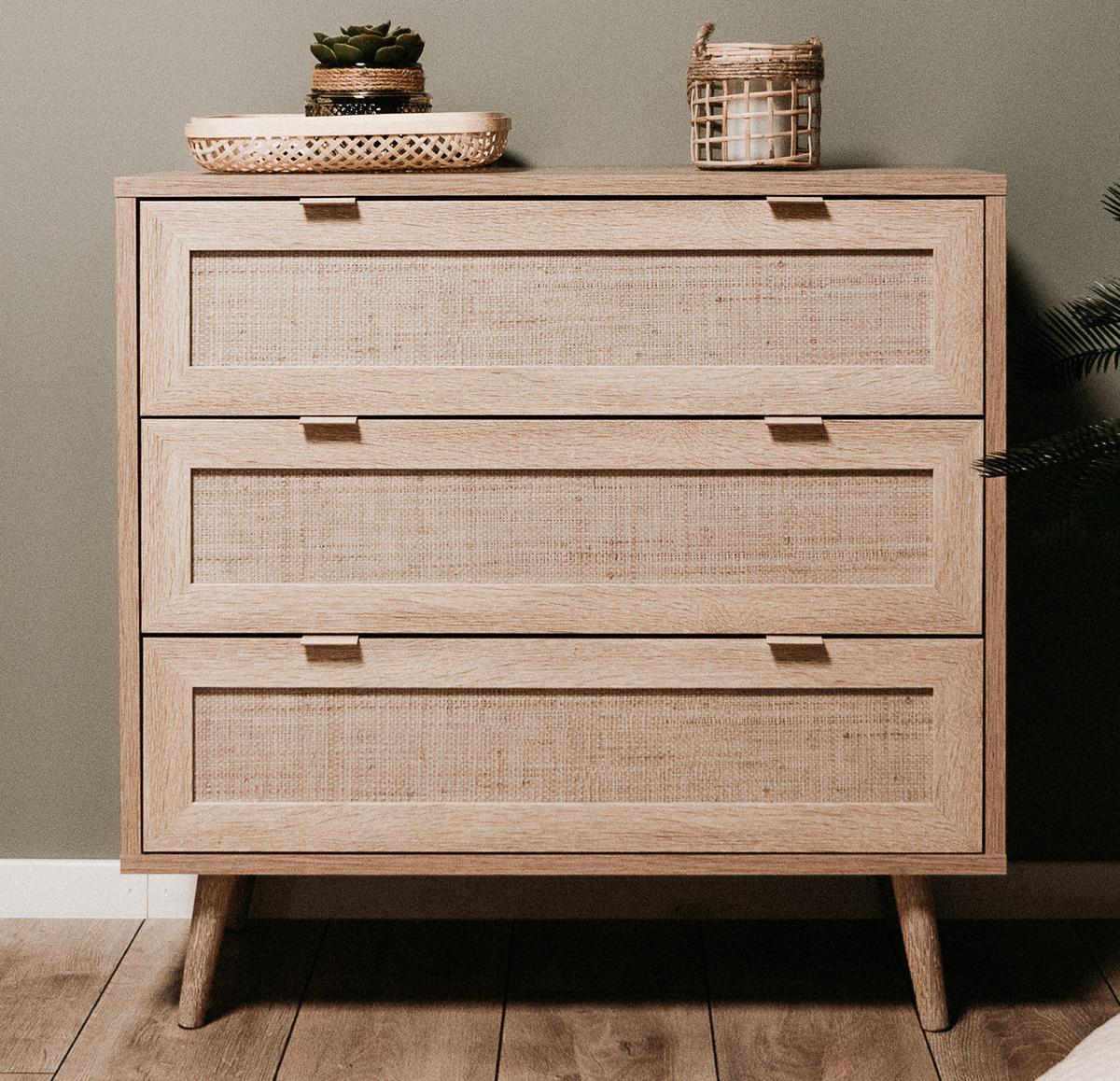 SCHUBLADENKOMMODE Eiche Sonoma, Bast-Dekor 80 cm, Kommode skandinavisch - Eichefarben, Holz/Holzwerkstoff (80/80/40cm) - Furn.Design