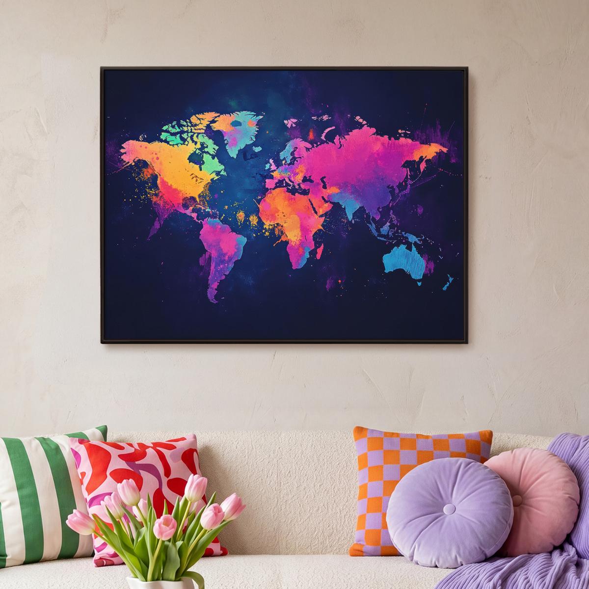 LEINWAND Bilder mit Rahmen - Weltkarte - Bunt - Graffiti - 100x70 - Multicolor, Textil (100/70cm) - MuchoWow