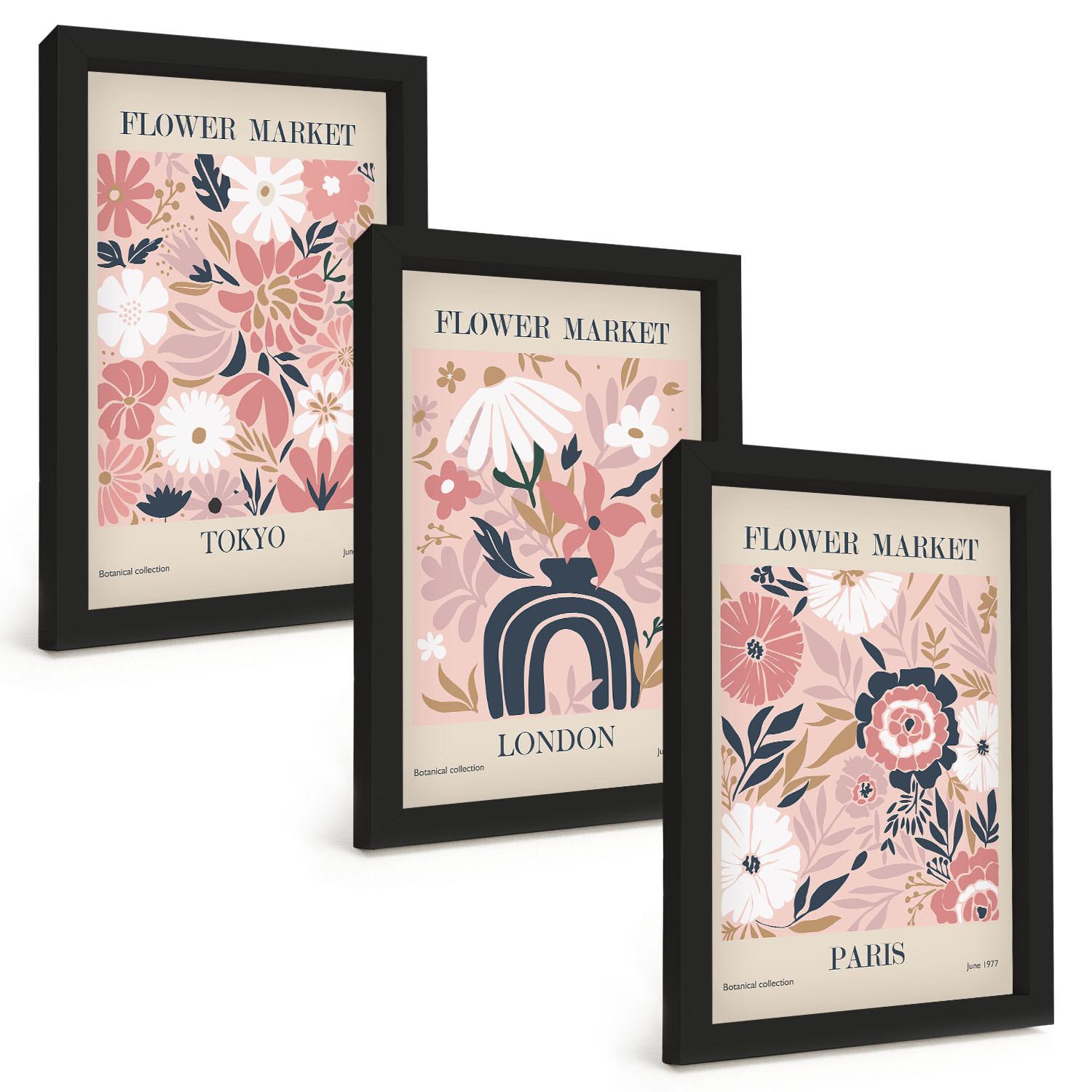 BILDER SET 3er Set - 20x30 cm Schwarzer Rahmen - Blumenmotive Tokio London Paris - Schwarz, Kunststoff (20/30cm) - TULUP