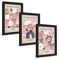 BILDER SET 3er Set - 20x30 cm Schwarzer Rahmen - Blumenmotive Tokio London Paris - Schwarz, Kunststoff (20/30cm) - TULUP
