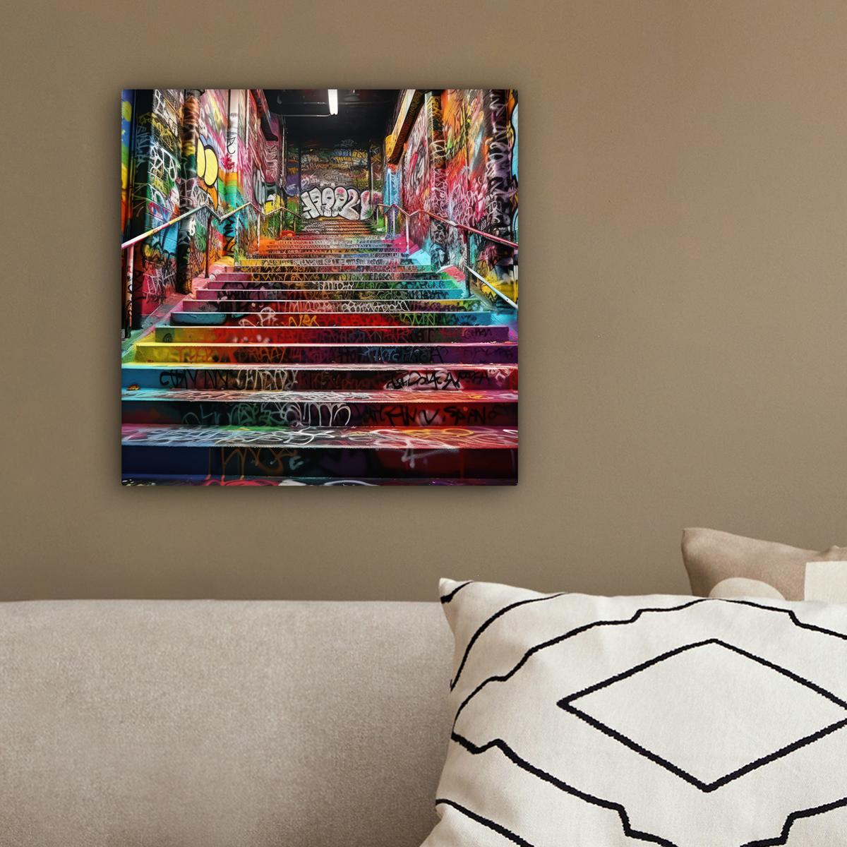 LEINWANDBILD Treppe - Graffiti - Farben - Kunst Deko Wohnzimmer 20x20 cm - Multicolor, Textil (20/20cm) - MuchoWow