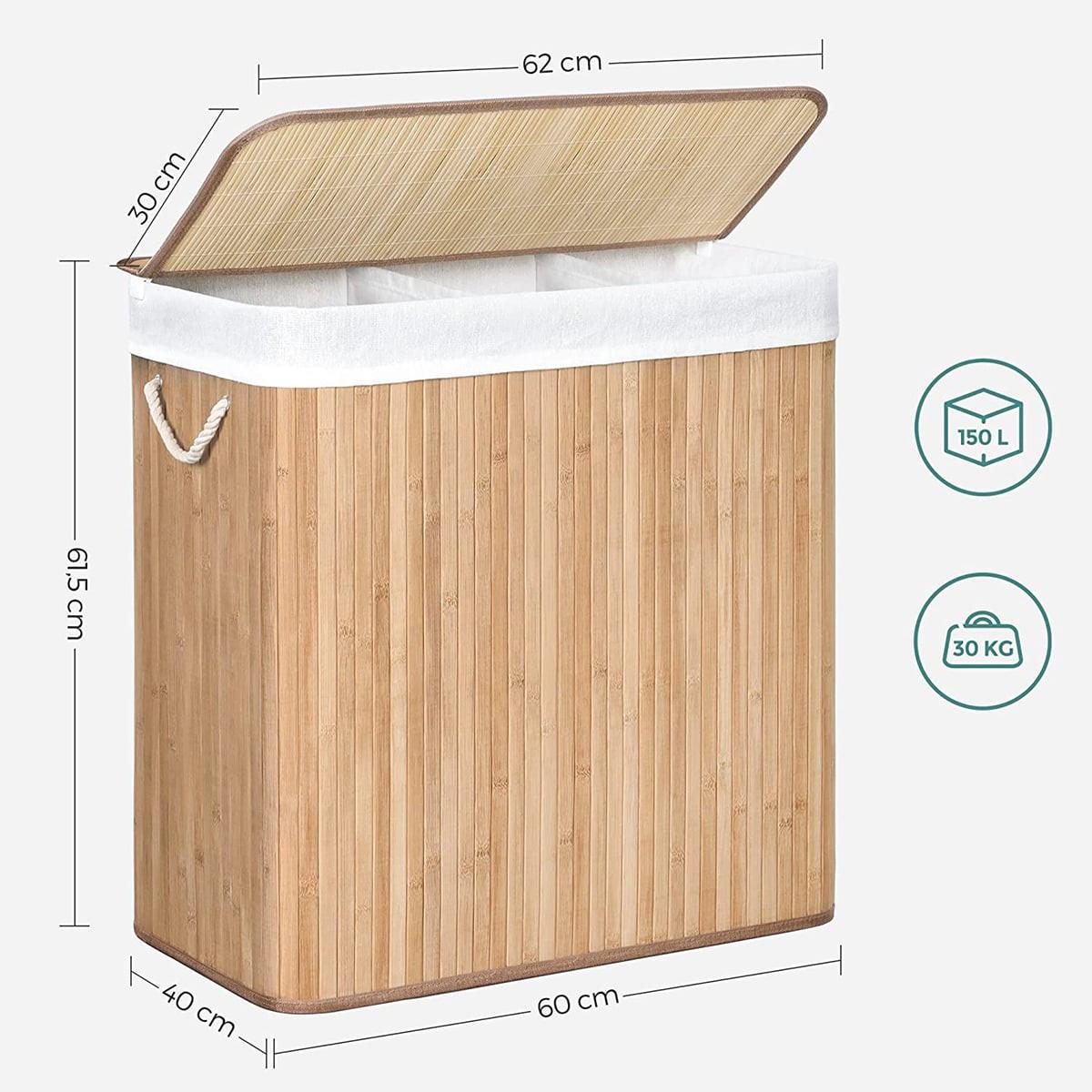 BAMBUS-WÄSCHEKORB mit 3 Fächern, Deckel und Griffen, 150L - L60 x H61,5 cm - Braun, Holz (40/61.5/7cm) - Calicosy