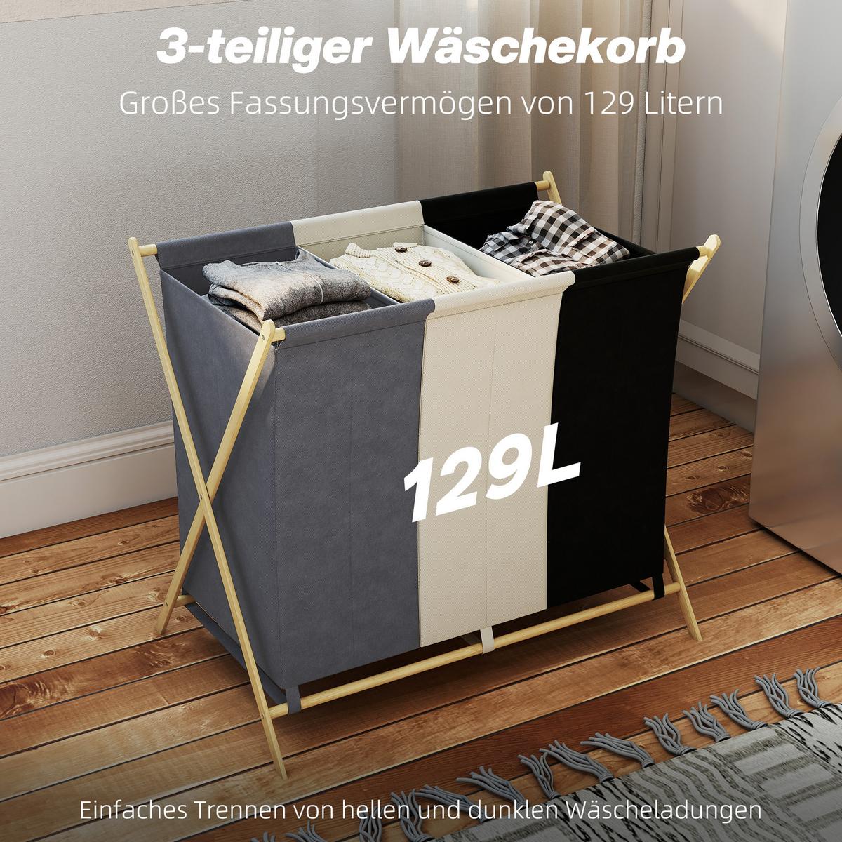 WÄSCHEKORB aus Bambus Leinenstoff Mehrfarbig - Multicolor, Naturmaterialien (48/67/75cm) - HOMCOM