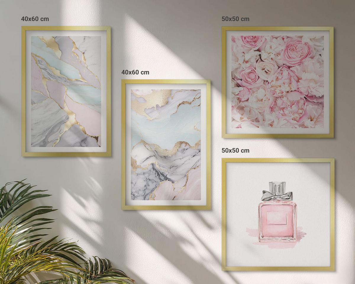 BILDER SET 4er Set - 50x50 cm & 40x60 cm Goldrahmen - Rosa Blumen Marmor Pastell - Goldfarben, Kunststoff (50/50cm) - TULUP