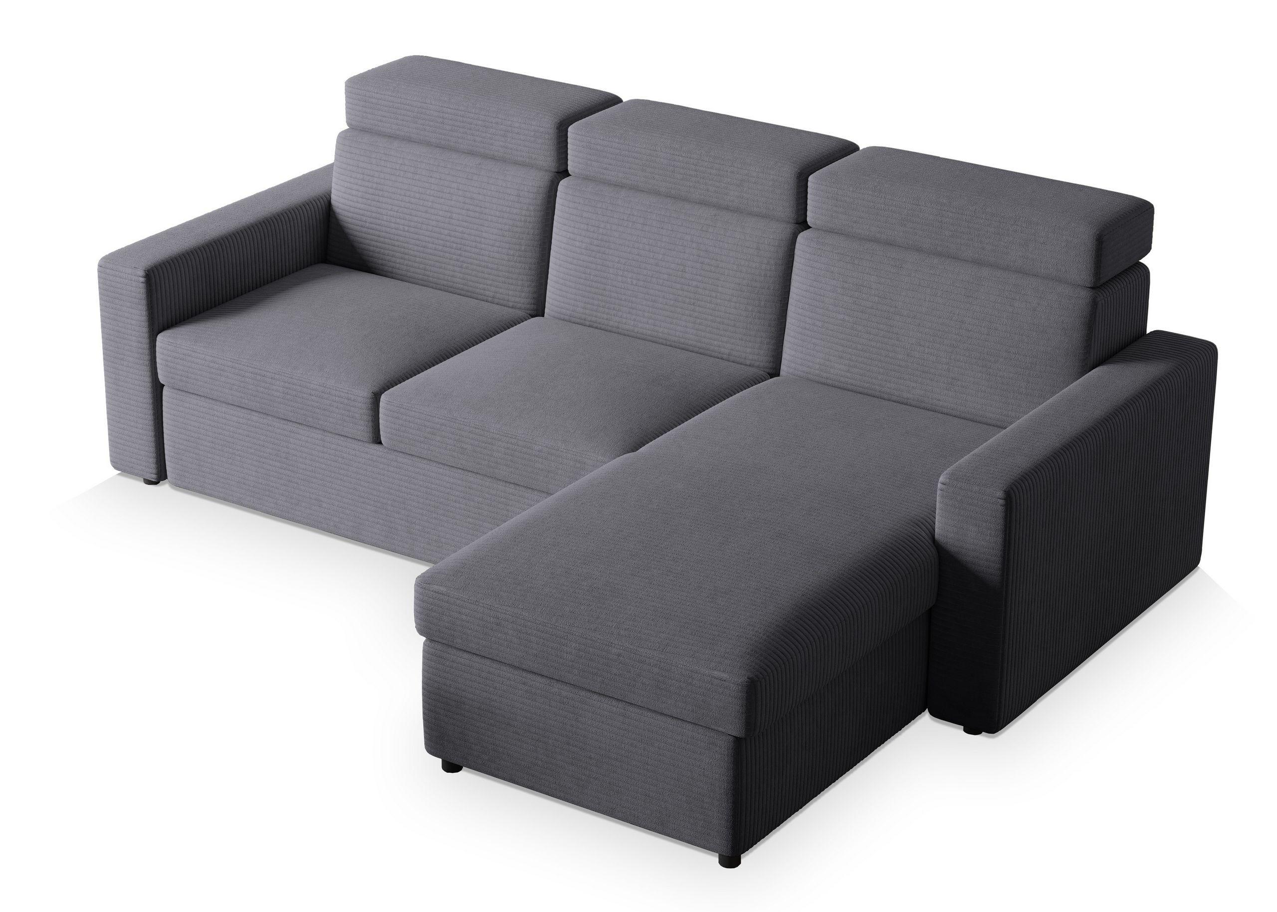 ECKSOFA PADWA Grau Kordstoff mit Schlaffunktion - Schwarz/Grau, Holz/Kunststoff (227/168cm) - MASSENO