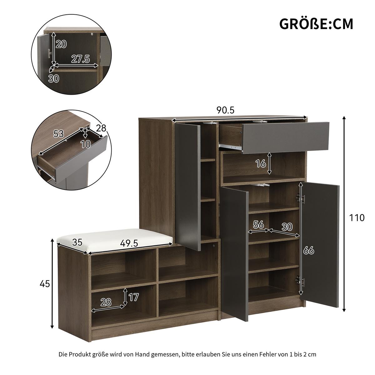 SCHUHSCHRANK in Grau mit Sitzkissen & grifflosen Türen - Grau, Holzwerkstoff (140/110/35cm) - Urban Meuble
