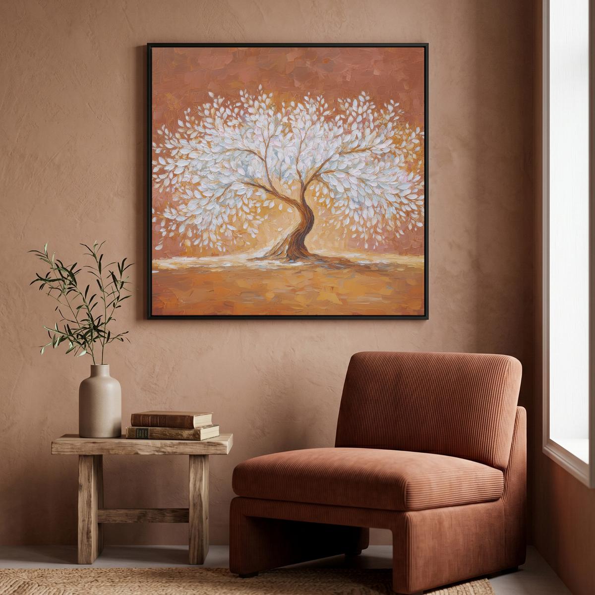 LEINWAND Bilder mit Rahmen - Abstrakt - Baum - Weiß - Blätter - 90x90 - Braun, Textil (90/90cm) - MuchoWow