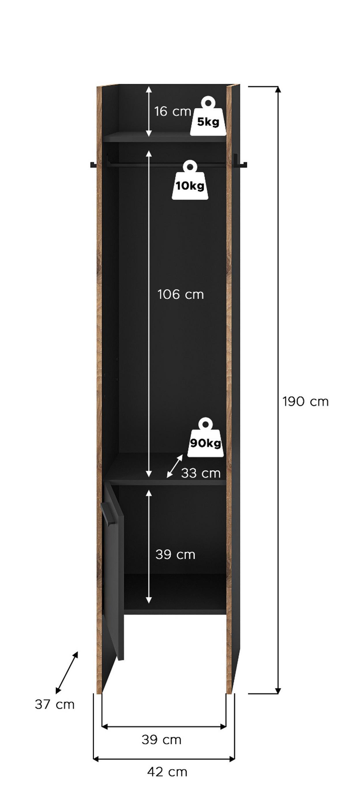 GARDEROBE grau und Nox Eiche, Kompaktgarderobe 42 x 189 cm, Salud - Dunkelgrau/Schwarz, Holzwerkstoff/Kunststoff (42/189/37cm) - Inn.Furn