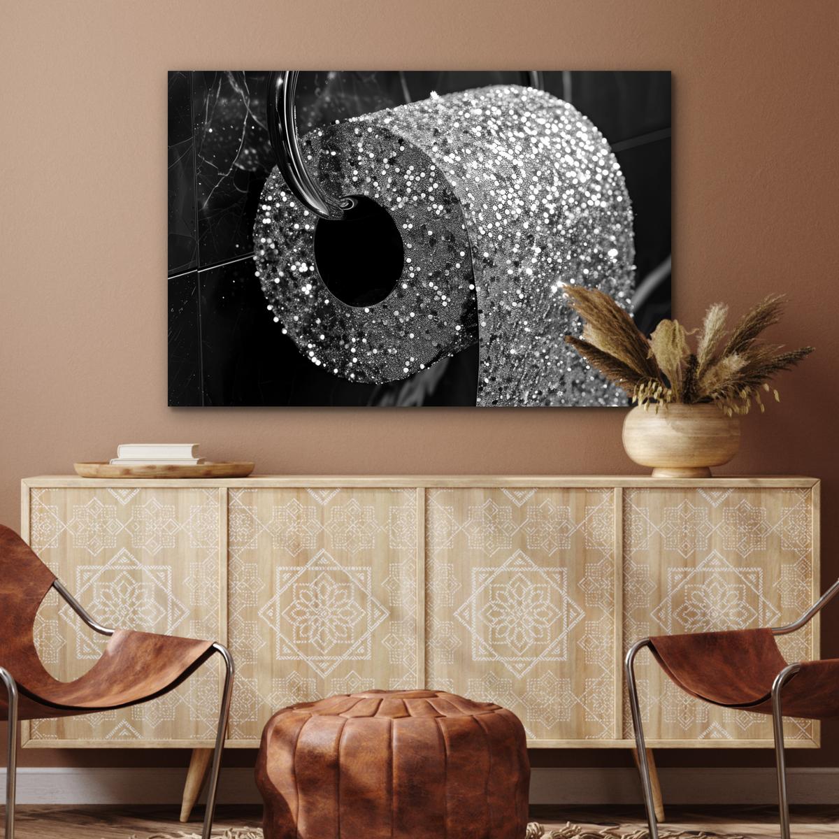 METALLBILD WC - Toilettenpapier - Schwarz und weiß - Glitter Wanddeko 90x60 cm - Silberfarben, Metall (90/60cm) - MuchoWow