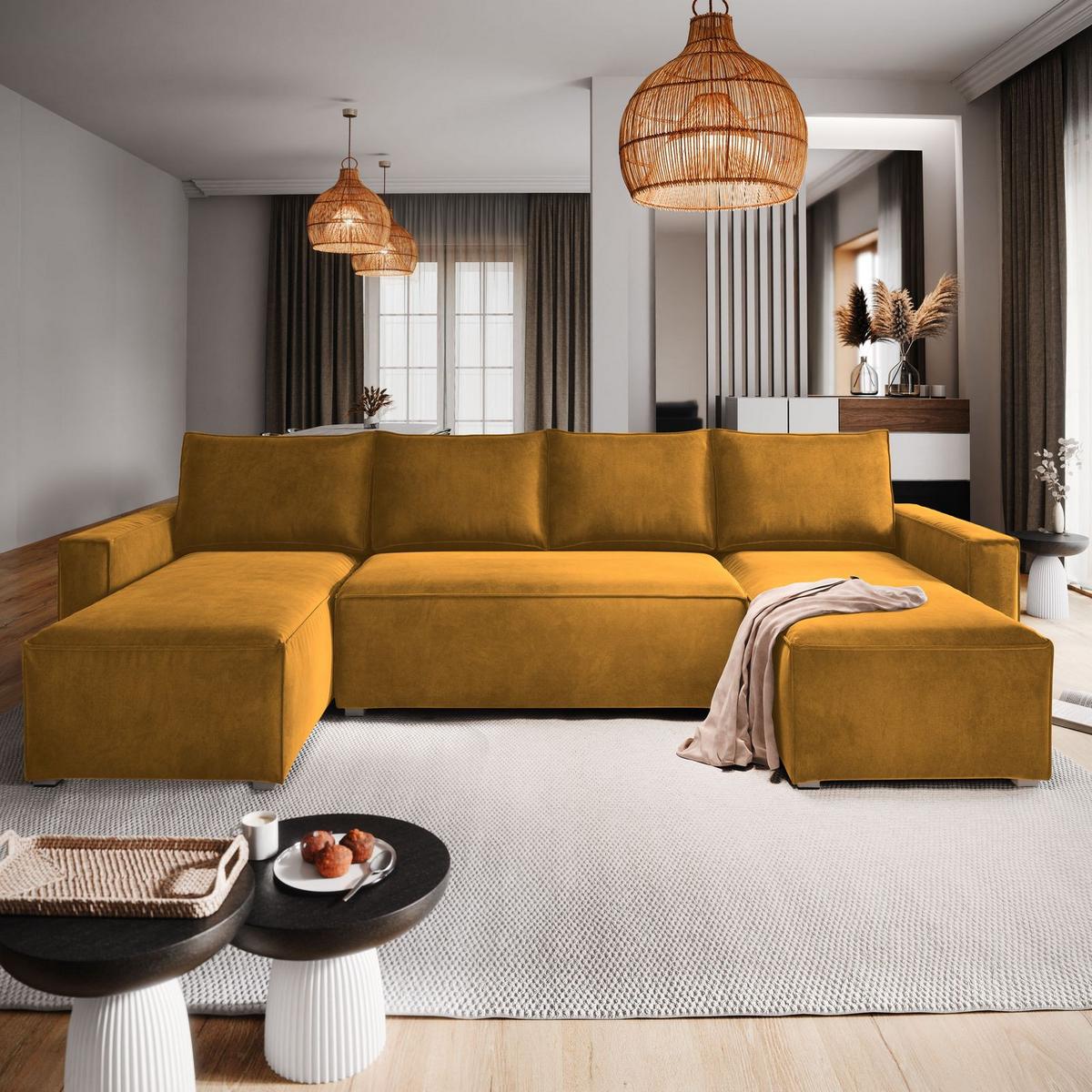 WOHNLANDSCHAFT DENI Gelb Velours-Stoff mit Schlaffunktion - Gelb/Grau, Holz/Kunststoff (295/85/140cm) - MASSENO