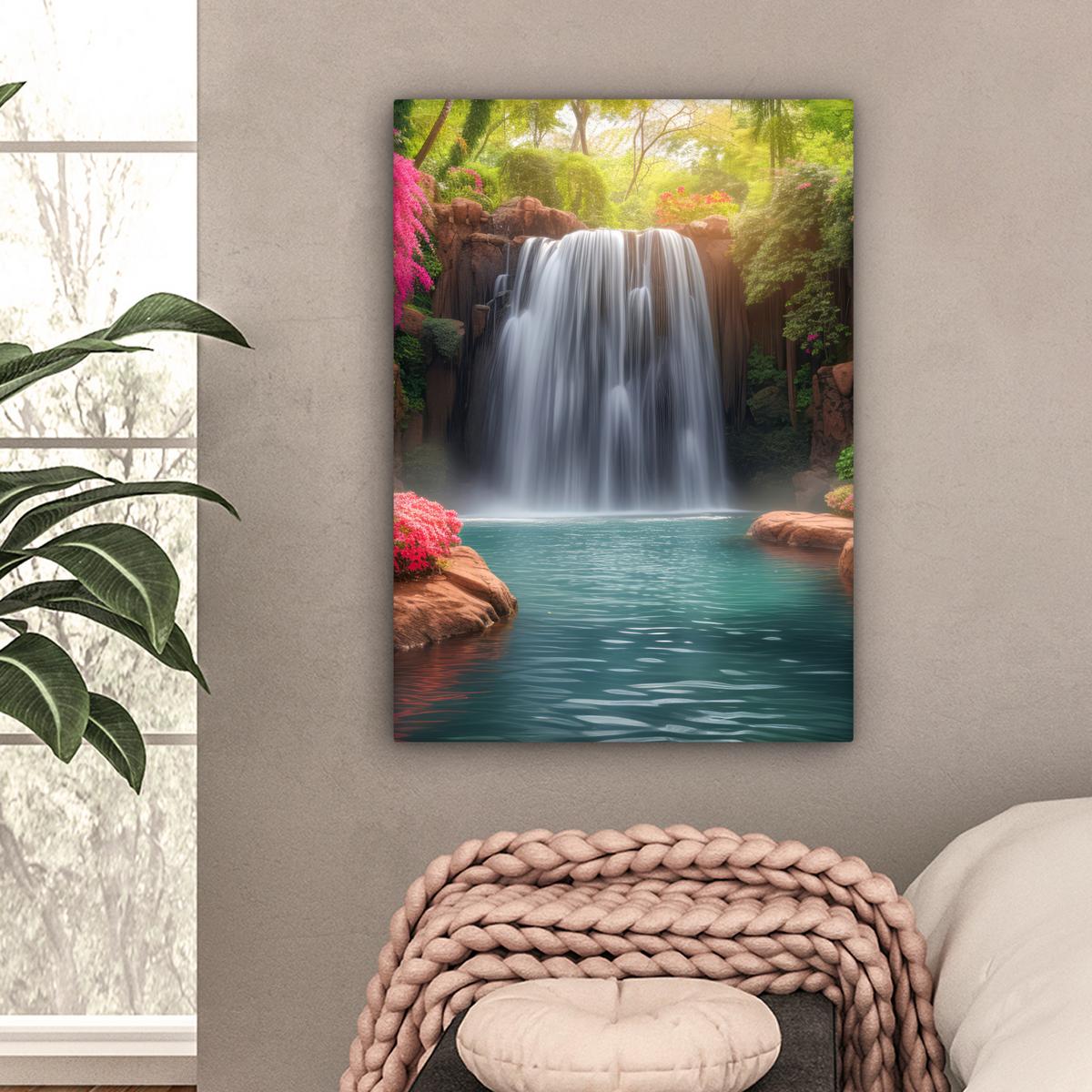 LEINWANDBILD Wasserfall - Natur - Pflanzen - Dschungel - Wasser Wandbild Wohnzimmer 60x80 cm - Grün, Textil (60/80cm) - MuchoWow