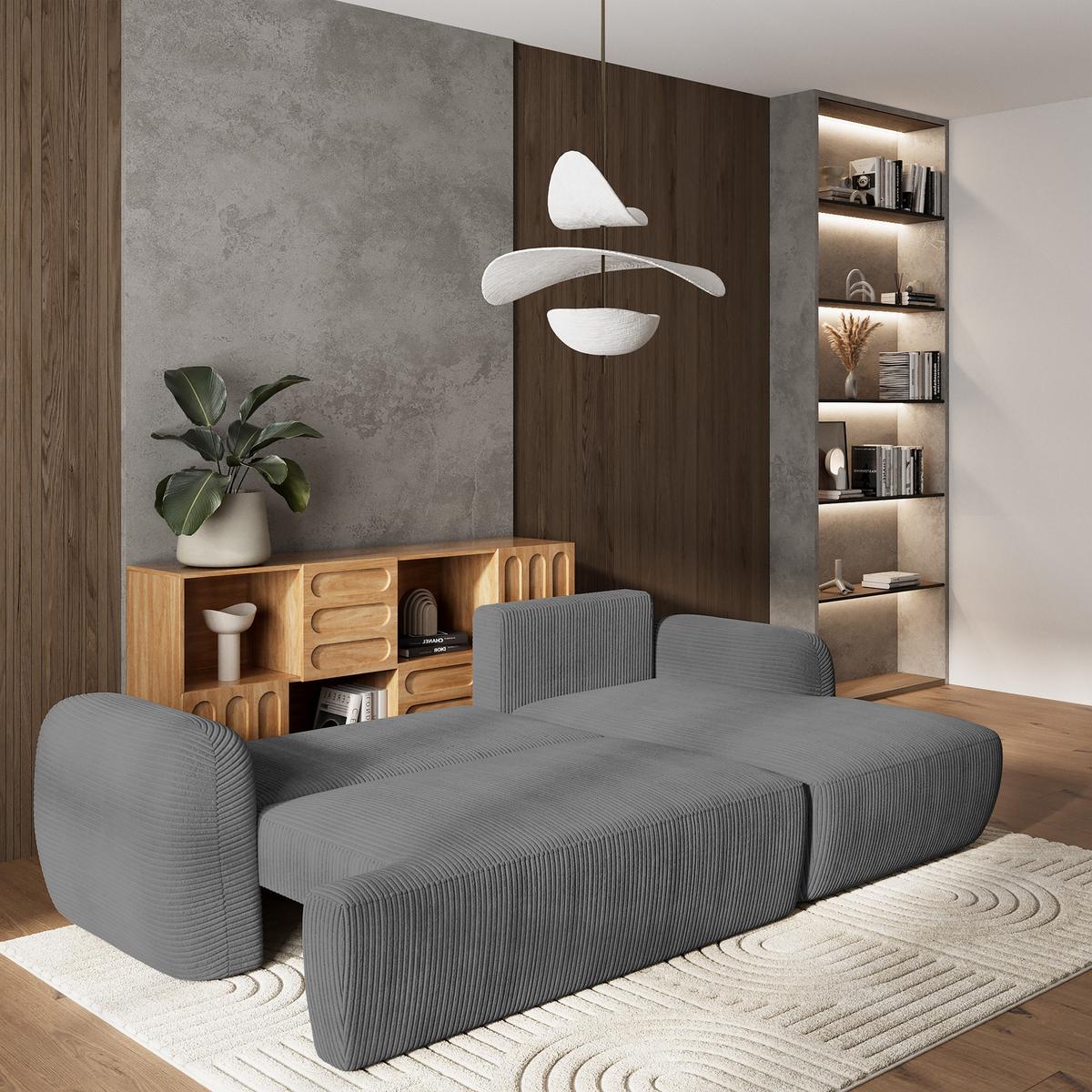 ECKSOFA MODENZA P R-S Grau Kordstoff mit Schlaffunktion - Schwarz/Grau, Holz/Kunststoff (266/148cm) - MASSENO