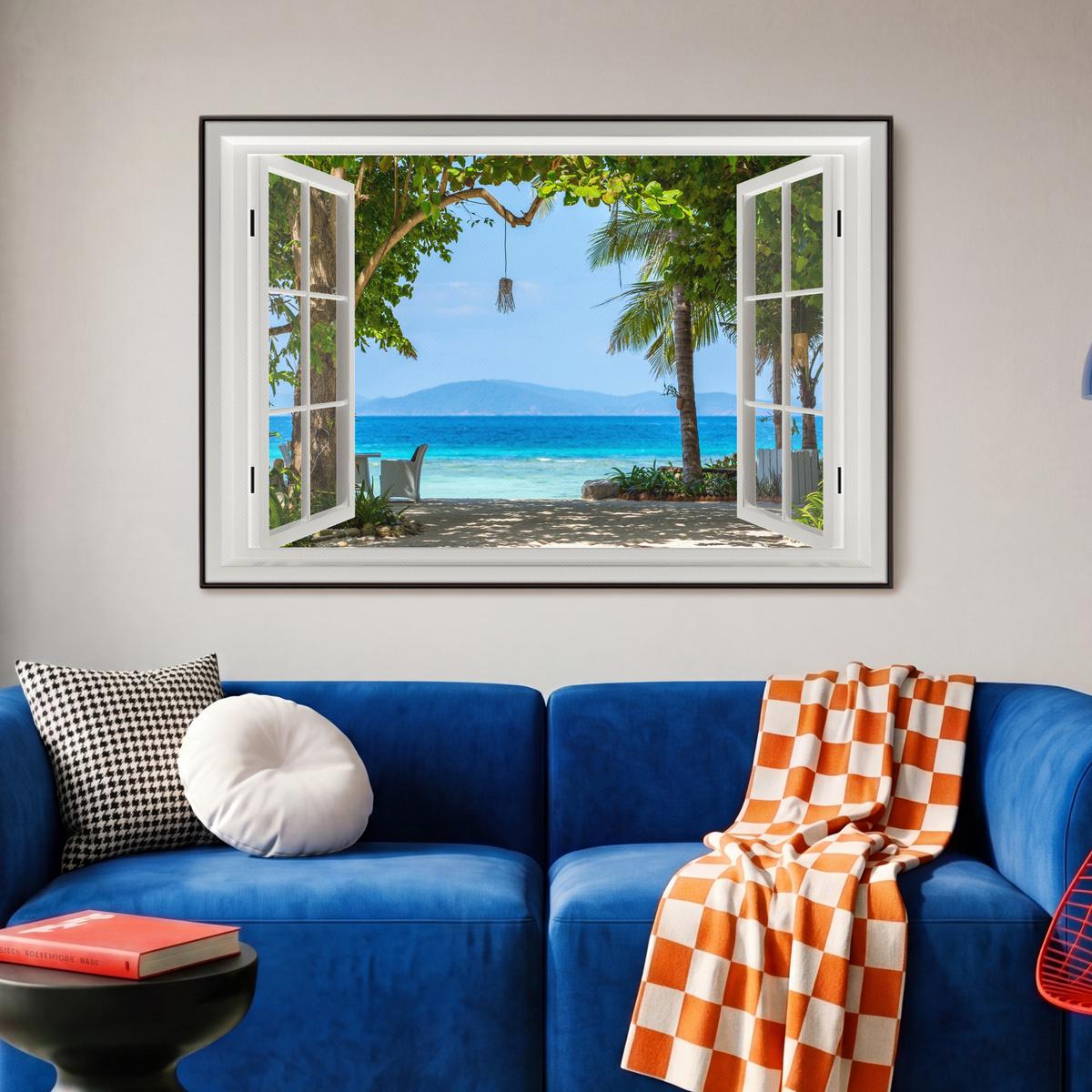 LEINWAND Bilder mit Rahmen - Aussicht - Baum - Meer - Palme - Hügel - Strand - Blau - 90x60 - Blau, Textil (90/60cm) - MuchoWow