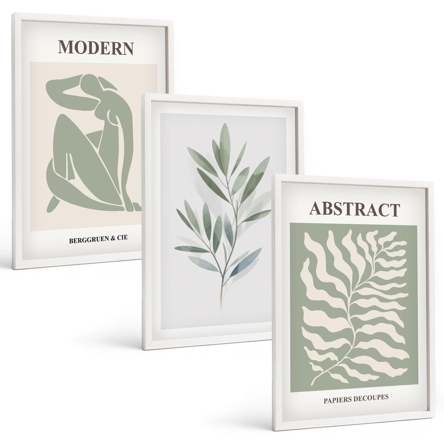 BILDER SET 3er Set - 40x60 cm Weißer Rahmen - Matisse Aquarell Boho-Design - Weiß, Kunststoff (40/60cm) - TULUP