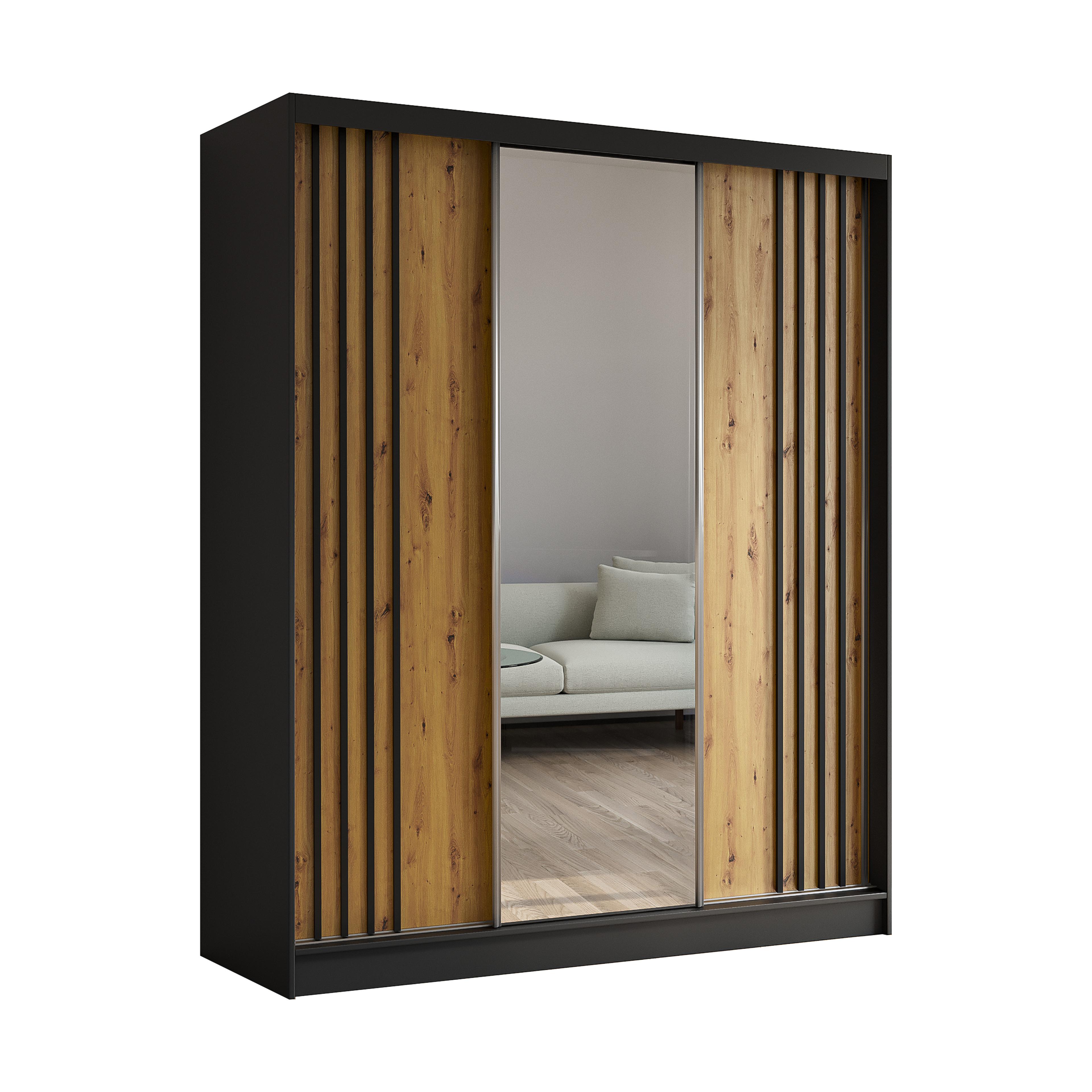KLEIDERSCHRANK mit Spiegel-Schiebetüren und Aluminium-Leisten - NALLA - 180 cm Schwarz+Artisan+Schwarz - Schwarz/Eiche Artisan, Holzwerkstoff (180/216/61cm) - ALTDECOR