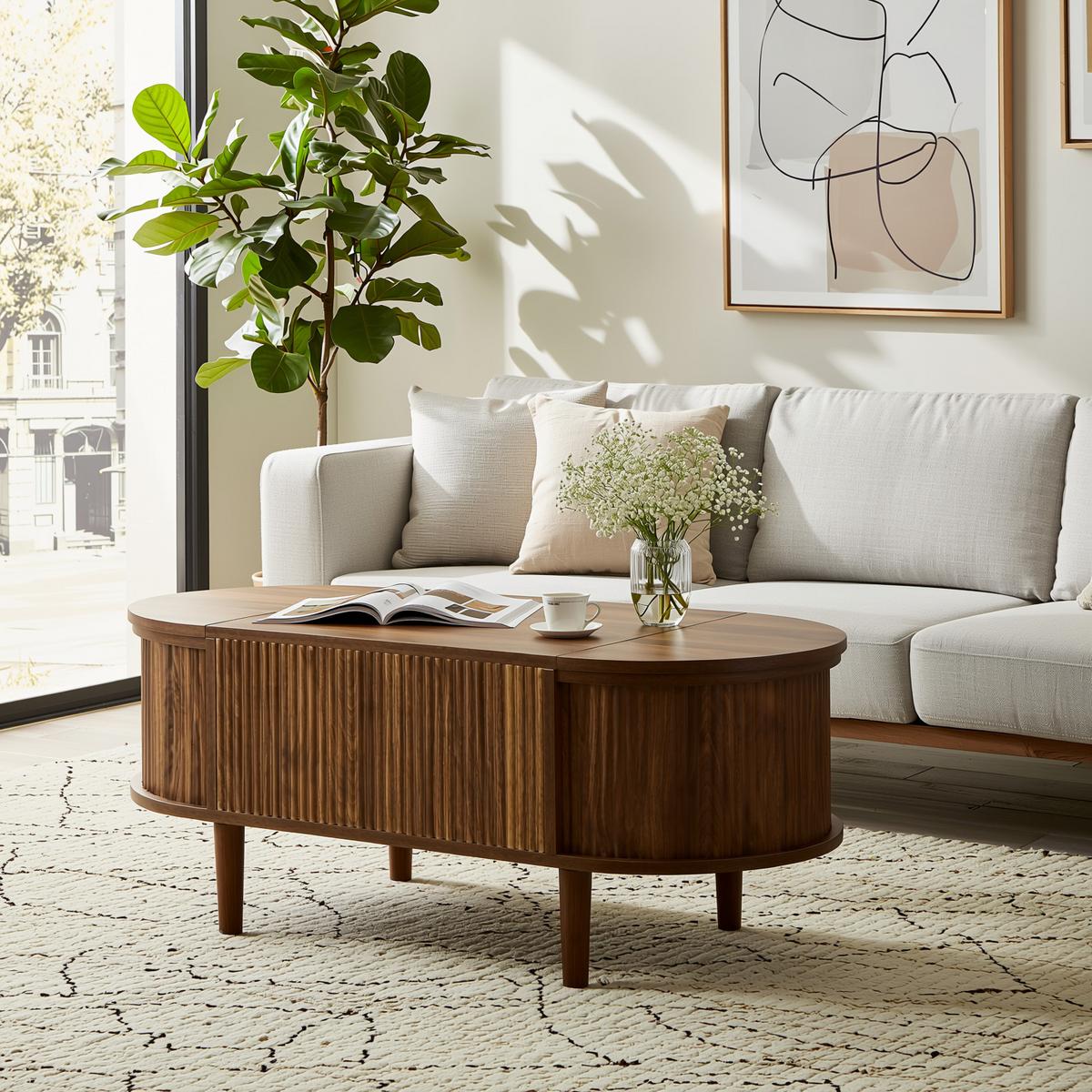 COUCHTISCH walnuss-optik oval höhenverstellbar mit stauraum - Walnussfarben, Holzwerkstoff (48/100/53.5cm) - Urban Meuble