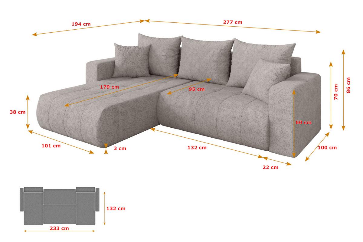 ECKSOFA mit Schlaffunktion Ottomane Links MILA-L 277x194x86 Hellgrau Velours - Hellgrau/Schwarz, Holzwerkstoff/Kunststoff (277/194cm) - ALTDECOR