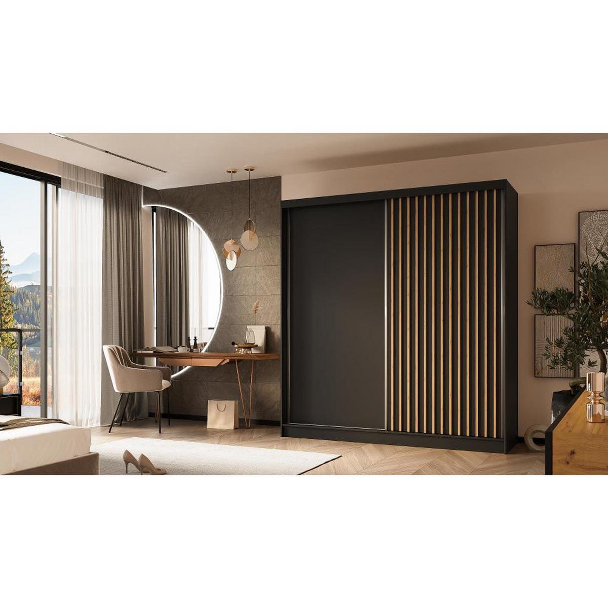 SCHWEBETÜRENSCHRANK Helios II 200/216/61 schwarz+eiche Artisan mit Schubladen - Schwarz/Eiche Artisan, Holzwerkstoff (200/216/61cm) - Beautysofa