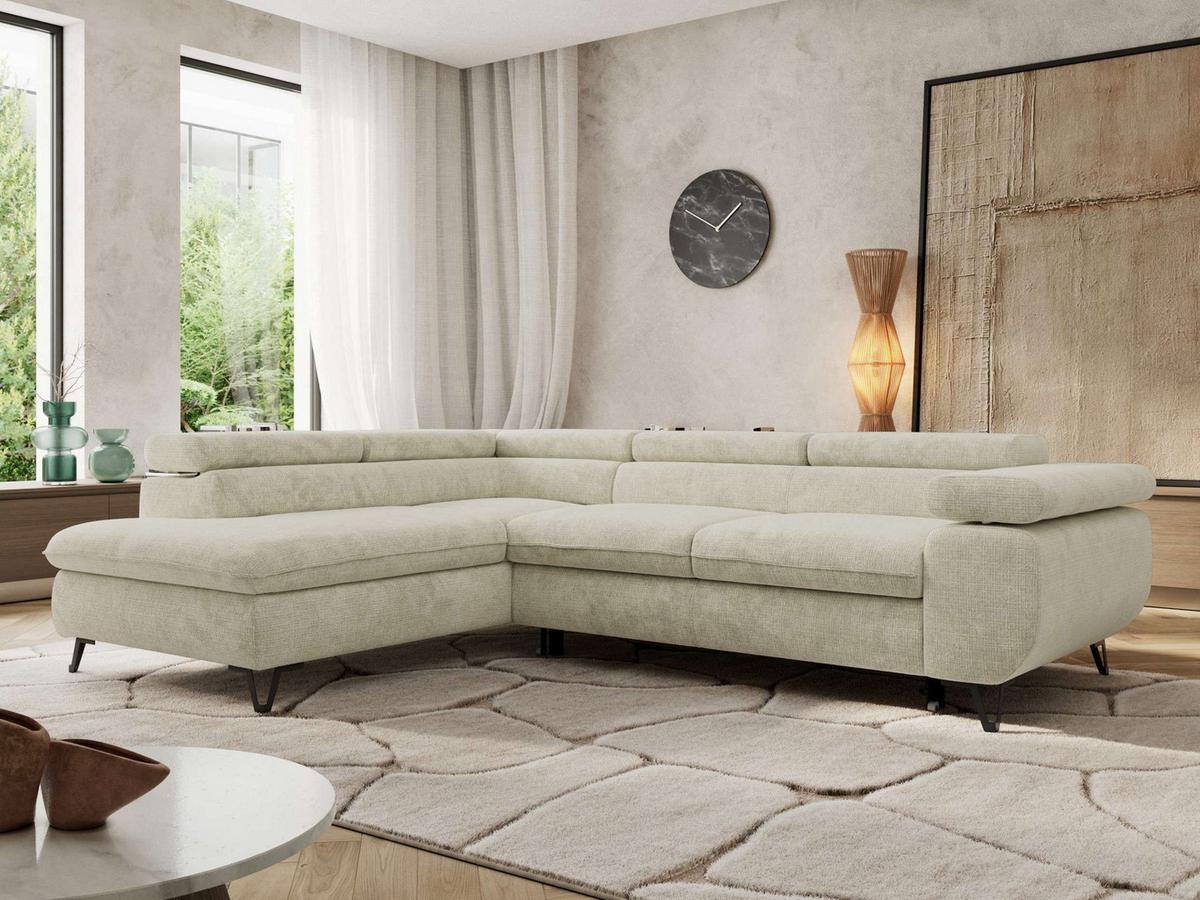 ECKSOFA PABLO L Creme Schenille grob gewebt - Links Seite - Creme/Schwarz, Textil/Metall (208/273cm) - MKS