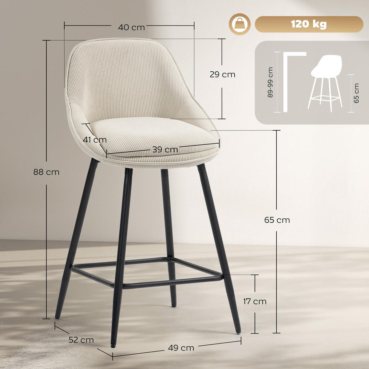 BARHOCKER 2ER-SET aus Polyester Cremeweiß - Creme, Textil (49/88/52cm) - HOMCOM