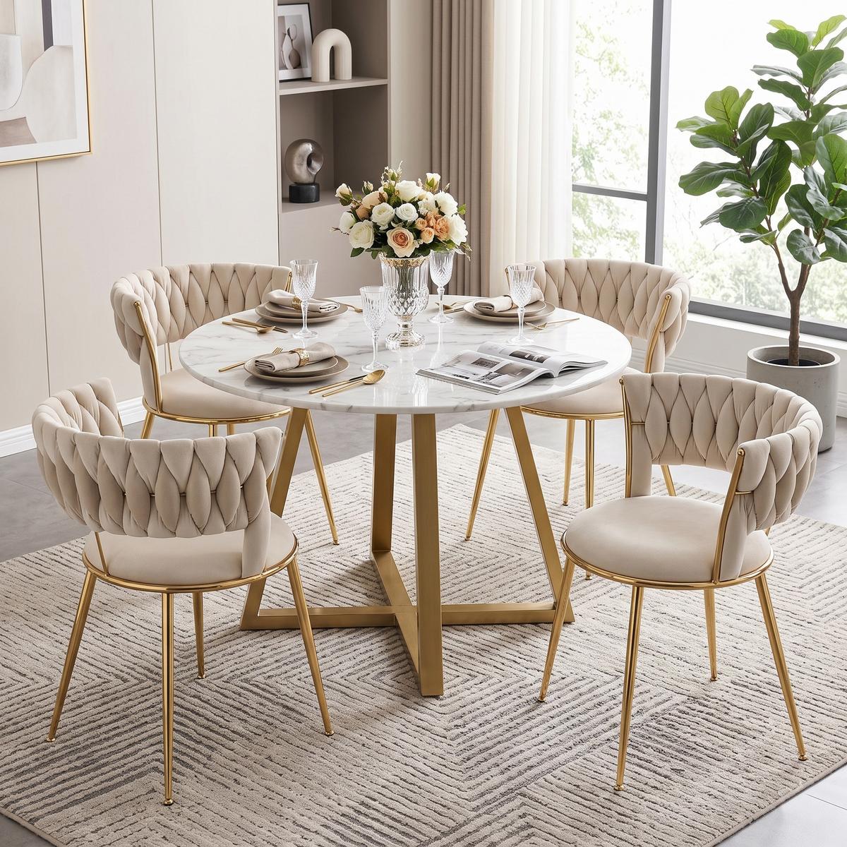 ESSZIMMERSTUHL 2er Set Samt Ivory & Gold mit geflochtener Rückenlehne - Magnolie, Textil (57/70/43cm) - Urban Meuble