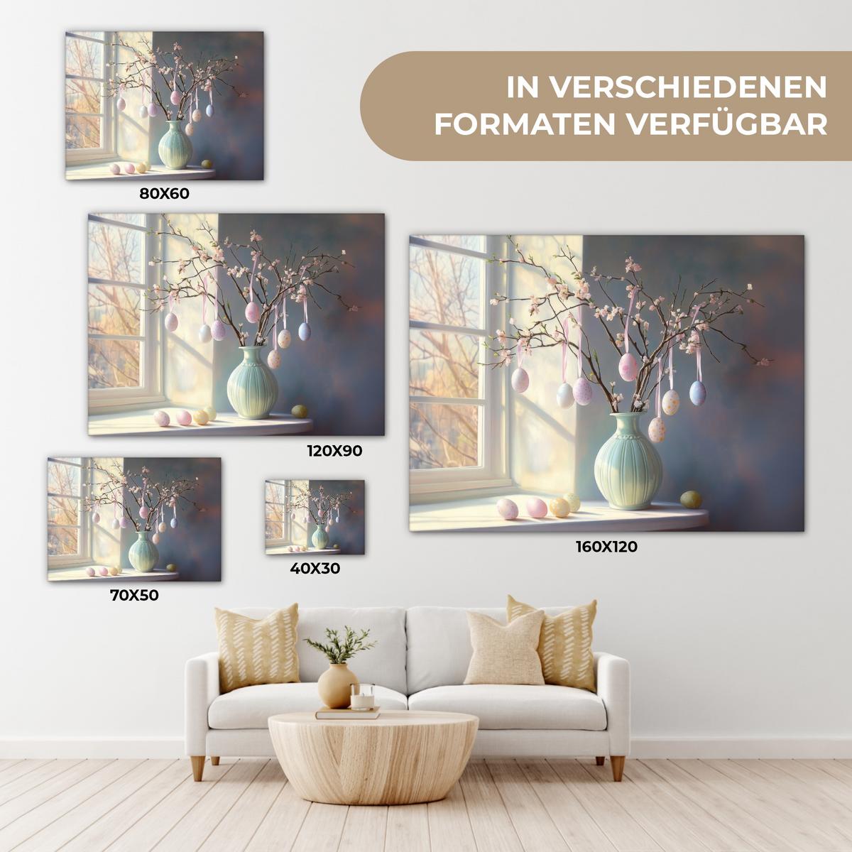 LEINWANDBILD Stillleben - Vase - Osterzweig Wandbild 40x30 cm - Hellblau, Textil (40/30cm) - MuchoWow