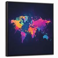 LEINWAND Bilder mit Rahmen - Weltkarte - Bunt - Graffiti - 50x50 - Multicolor, Textil (50/50cm) - MuchoWow